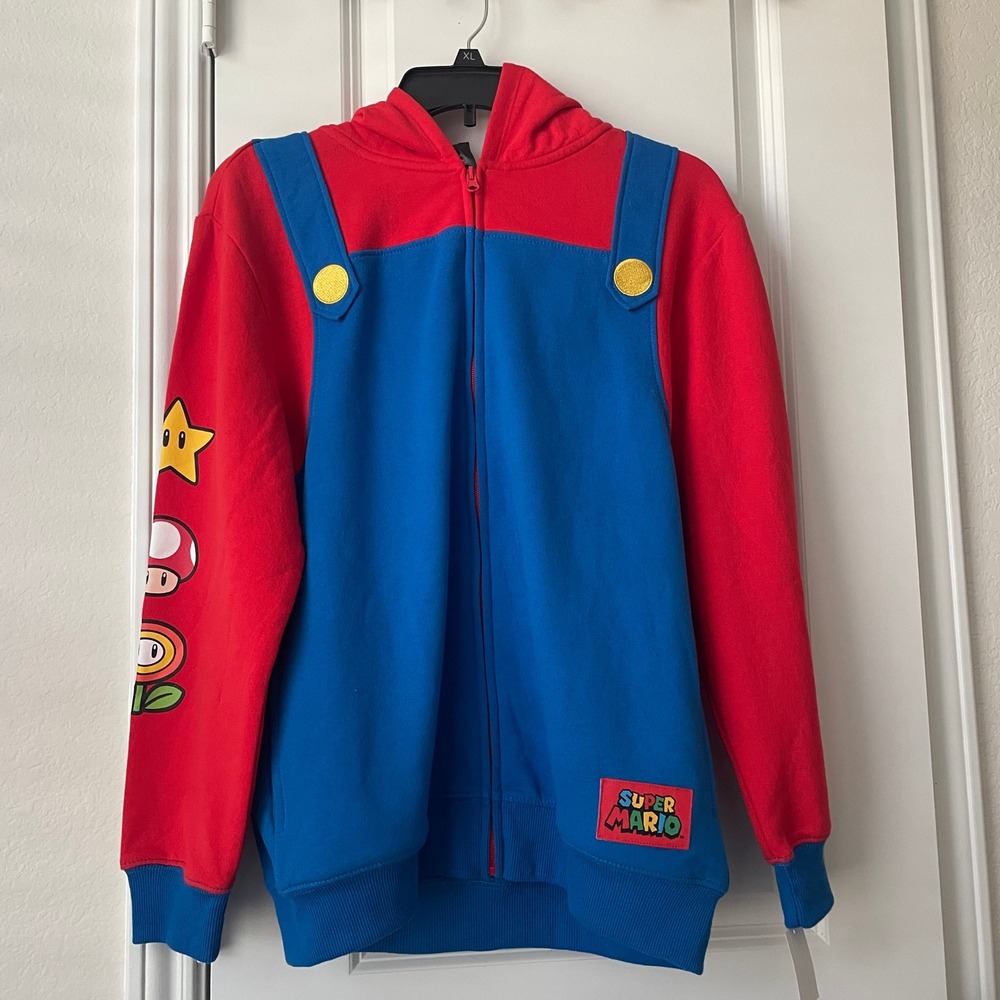 Nintendo Super Mario Boys XL Red Blue Costume Zip Up Hoodie Sweatshirt NWT